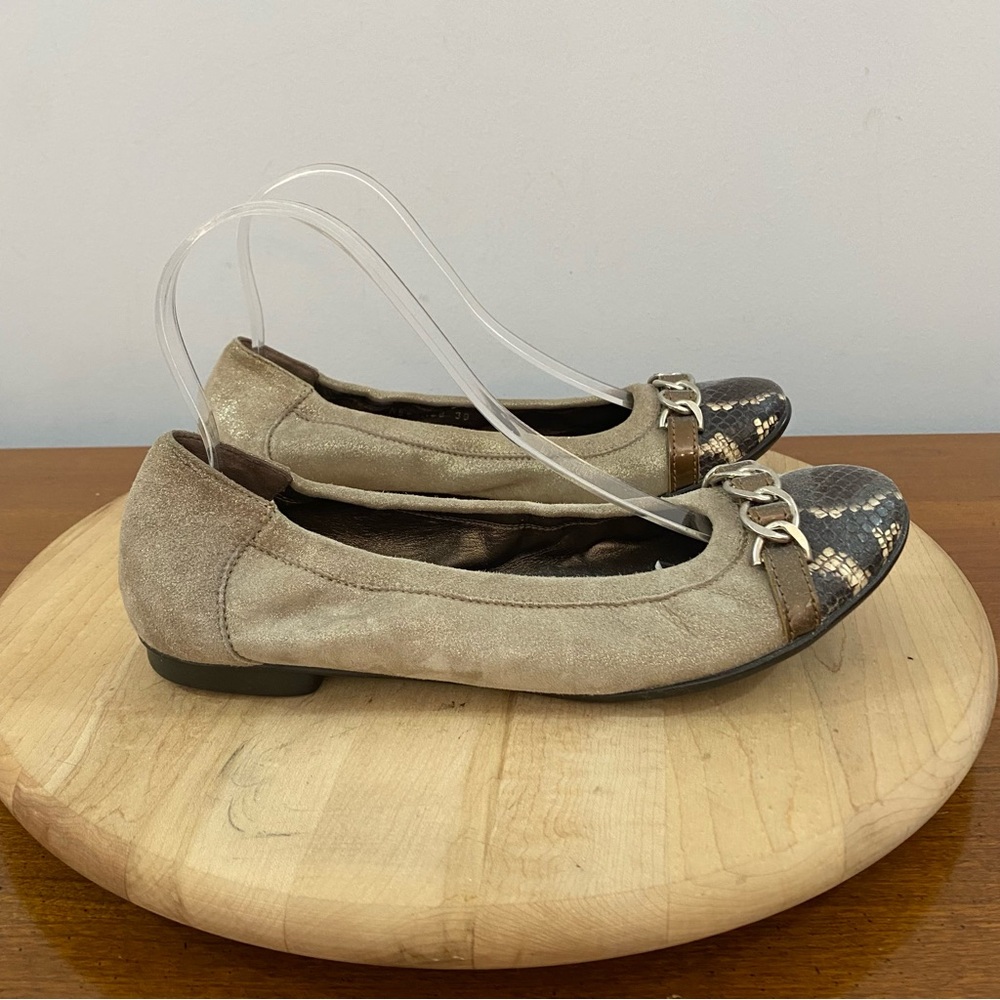 AGL Cap Toe Ballet Flat Taupe‎ Snake Print Leather Silver Chain Shoe Womens Sz 9